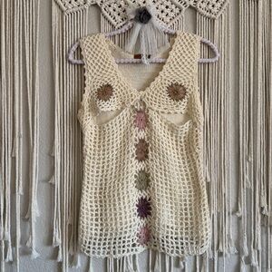 Boho chic Cream Crochet Sleeveless Top with Floral Accents